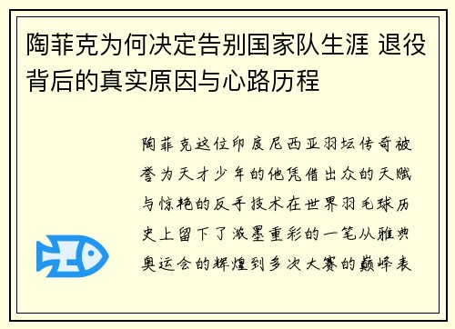陶菲克为何决定告别国家队生涯 退役背后的真实原因与心路历程