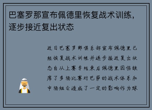 巴塞罗那宣布佩德里恢复战术训练，逐步接近复出状态