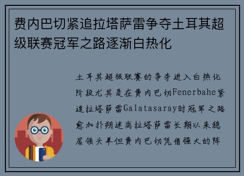 费内巴切紧追拉塔萨雷争夺土耳其超级联赛冠军之路逐渐白热化 费内巴切紧追拉塔萨雷争夺土耳其超级联赛冠军之路逐渐白热化