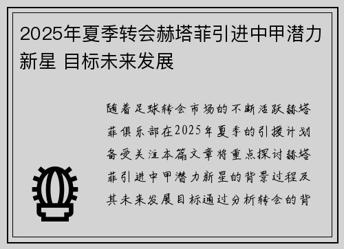 2025年夏季转会赫塔菲引进中甲潜力新星 目标未来发展